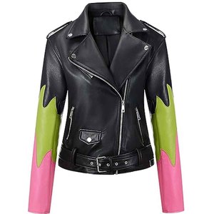 Blouson en cuir pour femme, style motard, coupe ajustée, fermeture éclair, vêtement d'extérieur d'hiver, fournisseur OEM, vente en gros, tricoté uni, respirant - Product Image 1