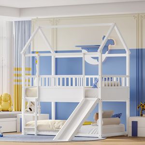 Letto a Castello Convertibile con Scivolo e Scaletta, Letto a Terra Singolo Sopra Singolo con Ringhiera di Sicurezza, Letti per Bambini - Product Image 2