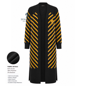 NCBW Sorority Women's Longline Open Front Cardigan Black Gold Striped Ribbed Cuffs Embroidered Duster Sweater With Side Slits - Product Image 2