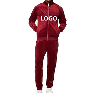Survêtement en velours rouge pour homme, manches longues, couleur unie, col rabattu, fermeture à cordon, taille élastique, poches latérales - Product Image 1