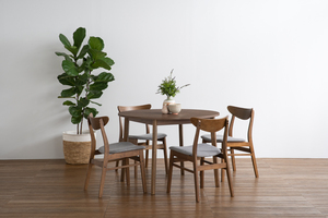 Mid-Century Modern 1067mm Round Dining <b>Table</b> <b>Walnut</b> Melamine MDF Top with Solid Malaysian Oak Legs for Dining Space - Product Image 4