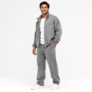 Men's Gray Fleece Tracksuit Full <b>Zip</b> Jacket and Pants Set Casual Solid Color Breathable Regular Fit Autumn Wear - Product Image 1