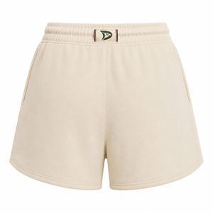 Shorts de Felpa Crema con Aplique del Logotipo O7, Cintura con Cordón Ajustable, Pantalones Cortos Casuales para Mujer - Product Image 2