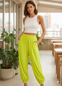 Pantalones Harem de Algodón Verde Lima Sólido para Mujer, Cintura Alta Elástica, Transpirables, Casuales, con Puños en los Tobillos, Silueta Holgada de Verano - Product Image 4