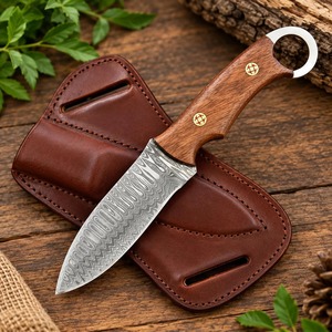 Cuchillo de caza de hoja fija de acero de Damasco hecho a mano, punta caída, mango de madera, DIY, 9 pulgadas de longitud total, OEM, multifuncional - Product Image 5