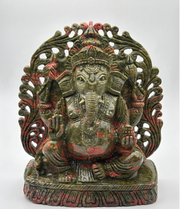 Statue en pierre sculptée à la main du Dieu Ganesha, finition antique verte et rouge, idole décorative du dieu hindou pour la maison, le temple ou comme cadeau - Product Image 5