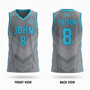 Maillot de basketball personnalisé en maille polyester premium 180 GSM, gris et bleu, avec empiècements chevron, sublimation, broderie et logo par transfert thermique - Product Image 1