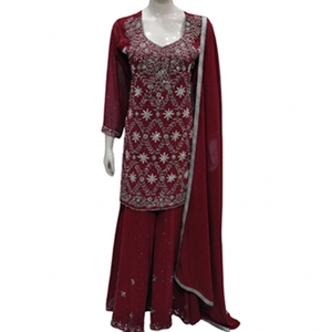 FAMUCAAS Green Hand Embroidered Georgette Women's Indian/Pakistani Top Dress Set V Neck Long Sleeve Salwar Kameez Dupatta Party - Product Image 3