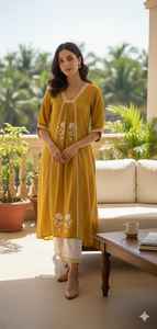 Conjunto de 3 Piezas de Kurta Larga Negra Sólida para Mujer, Ropa Étnica Festiva Elegante, Tela de Lona, Ropa India y Pakistaní - Product Image 4