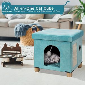 WALEED FURNITURE Luxury Wood Foldable Cat House Cat Cave & Cube with Scratch Board & Ball Solid Green 12.5"x14.5"x14.1" - Product Image 5