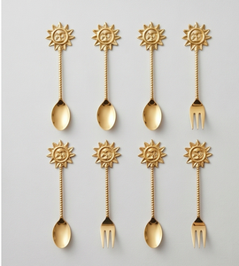 Ensemble de couverts vintage dorés motif soleil, cuillères et fourchettes, finition miroir, résistant au lave-vaisselle, manche en métal, pour les réceptions - Product Image 1