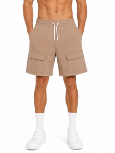Shorts cargo en molleton pour homme, beiges, décontractés, avec poches utilitaires, taille élastique confortable, cordon de serrage, coupe décontractée - Product Image 2
