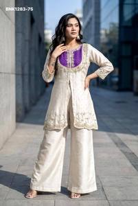 Nouvelle collection de Kurtis-Plazzo courts en soie romaine, brodés avec des cordons et des sequins, à la mode et variés, fournisseur de Surat - Product Image 6