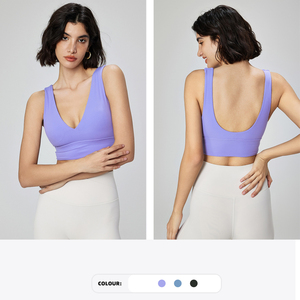 Sujetador deportivo con cuello en V profundo para mujer, soporte medio, ropa deportiva para yoga, tirantes finos, color azul liso - Product Image 3