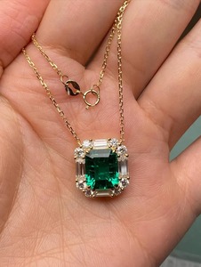 4.5ct Lab <b>Emerald</b> <b>Pendant</b> Green Gemstone Necklace 18k Gold Art Deco Halo Charm Baguette Diamond Necklace <b>Pendant</b> - Product Image 6