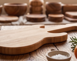 Planche à découper en bois de style moderne en forme de guitare avec rainures pour retenir les jus, idéale pour les fruits, les légumes et l'utilisation en cuisine - Product Image 6