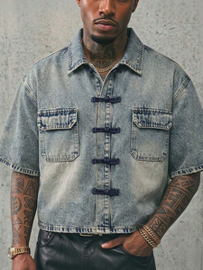 Mens Short Sleeve <b>Denim</b> Shirt Acid Wash Frog Button Oriental <b>Cropped</b> Boxy Streetwear Washed Vintage Custom Print OEM Supplier - Product Image 1