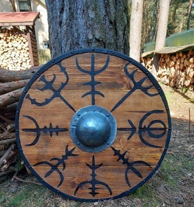 Escudo Vikingo Hecho a Mano de Madera Maciza de Alta Resistencia - Diseño de Guerrero Nórdico Medieval para Recreación Histórica, Accesorios de Teatro, Decoración de Pared - Product Image 6