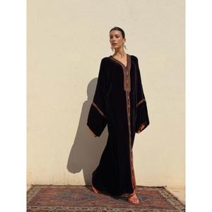 Silk Velvet <b>Kaftan</b> In Purple Tone Terracotta Under <b>Kaftan</b> V-neckline Graphic Traditional Buttons Aakaids With Wide Sleeves - Product Image 2