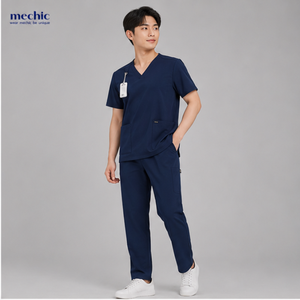 Conjunto de uniforme médico antiarrugas para hombre, color azul marino, cuello en V, manga corta, tela tejida de algodón y poliéster - Product Image 1