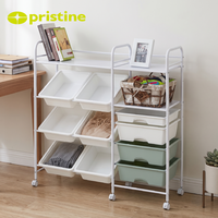 Chariot de rangement roulant multicouche avec 6 bacs en plastique, organisateur à cadre métallique pour la maison et le bureau, design minimaliste