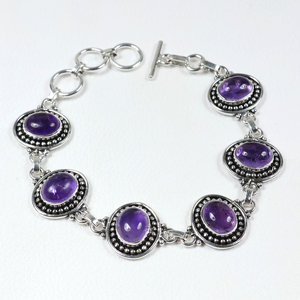 Wholesale Vintage Style <b>Amethyst</b> Gemstone Oval Link <b>Bracelet</b> 925 Sterling Silver Plated Toggle Clasp Handcrafted Boho Jewelry - Product Image 3
