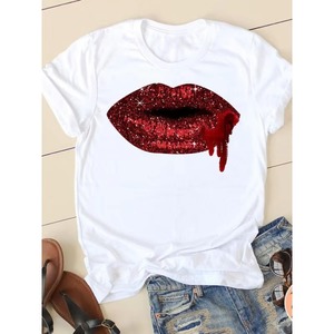 Camiseta blanca para mujer con estampado de labios dorados, cuello redondo, manga corta, informal, top de verano - Product Image 5