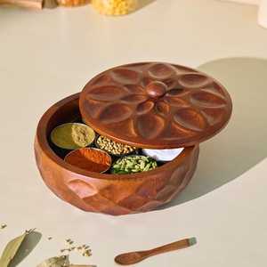 Boîte à épices en bois faite à la main avec couvercle, organiseur de rangement pour épices avec 7 récipients en acier inoxydable et cuillère en bois, support à épices - Product Image 5
