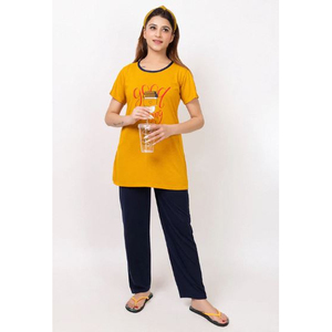 Ensemble pyjama en coton pour femmes, manches courtes, col imprimé, motif géométrique, haut jaune, pantalon bleu marine, taille élastique, vêtements de nuit décontractés - Product Image 1
