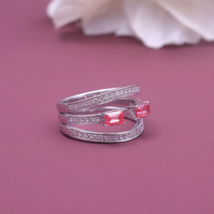 Bague triple bande en argent sterling 925 massif avec diamant rose fantaisie cultivé en laboratoire certifié IGI, taille émeraude, bague statement - Product Image 3
