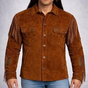 <b>Men's</b> Vintage <b>Suede</b> Bomber <b>Jacket</b> with Fringe Western Style Stand Collar Button Front Casual Winter - Product Image 1