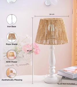 Farmhouse Style White Wood Table Lamp with Beige <b>Rope</b> Bell Shade Warm <b>Light</b> Residential Use - Product Image 3