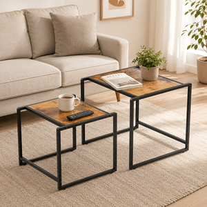 Nesting Coffee <b>Table</b> Set of 2 Brown Wooden Top <b>Side</b> <b>Tables</b> with <b>Black</b> Metal Frame Space Saving <b>Tables</b> for Living Room Furniture - Product Image 1