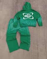 Ensemble sweat-shirt à capuche vert pour femme, streetwear 2 pièces, manches longues, en coton tricoté uni avec strass, coupe ample, printemps
