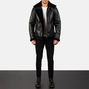 <b>Men's</b> <b>Bomber</b> <b>Leather</b> Jacket in Black Shine with Fur Lining Customized Sheep <b>Leather</b> Jacket for <b>Men</b> Quilted <b>Leather</b> Jacket - Product Image 1