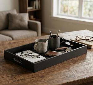 Plateau de service rectangulaire en MDF laqué noir de luxe, artisanal en bois, moderne, multifonctionnel, décoratif, Uttar Pradesh - Product Image 3