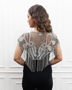 Women’s <b>Silver</b> Fringe Short <b>Cape</b> with Embroidered Net and Tubelight Cutdana Work - Product Image 3