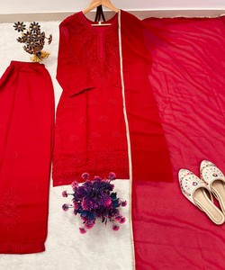 Salwar Kameez ethnique rouge pour femmes, tenue de mariage traditionnelle, coupe ample, longueur au sol, polyester, vêtements indiens pakistanais 84505 AC-7105 - Product Image 3