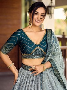 Teal Blue <b>Sequin</b> Lehenga Choli With Dupatta V Neck Embroidered Pleated Dress Bride Wedding Party Wear - Product Image 6