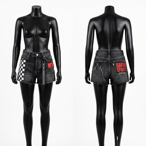 Premium 280 GSM Cotton <b>Denim</b> Women Booty <b>Shorts</b> Washed <b>Black</b> Checker Panel Flame Embroidery Custom Logo Print women's <b>shorts</b> - Product Image 2