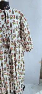 Boho Chic <b>White</b> Hand Block Floral Print Loose Cotton Midi Dress With Tie-Neck Short Sleeve Casual Dress For Women - Product Image 4