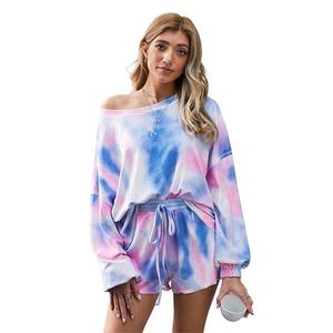 100%cotton Tie Dye Women's Sets Drop Shoulder Oversized Crew Neck Tie Dyed Oversized <b>T</b>-<b>shirts</b> Outerwear Printed Ladies Hoodies - Product Image 2