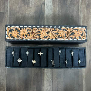 Western Hand <b>Tooled</b> Cowhide <b>Leather</b> Jewelry & Ring Box with Designer Rustic Vintage Ring Case with Black Velvet Insert for Women - Product Image 4