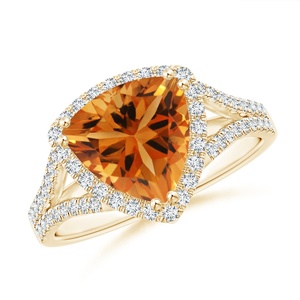 14K Solid Gold Trillion Cut Natural Citrine Cocktail <b>Ring</b> with Diamond Accents Unique Design Pave Sett Diamond <b>Split</b> Shank <b>Ring</b> - Product Image 1