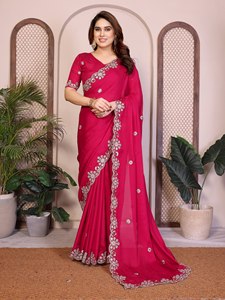 Sari de créateur haut de gamme extensible, infroissable, style moderne, avec bordure brodée florale riche |   Sari indien pour les fêtes de mariage - Product Image 5