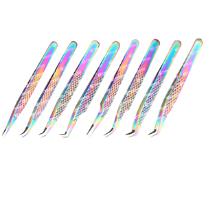 Pince à épiler pour extensions de cils Diamond Grip Dusted Tip Rainbow Color, 90 degrés, acier inoxydable japonais, prix de gros - Product Image 1