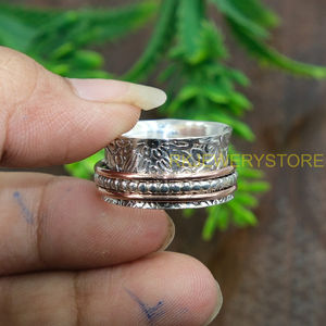 Bague tournante artisanale en argent sterling 925 et cuivre, large, pour la méditation et la réflexion, motif floral sculpté vintage, bijou - Product Image 3