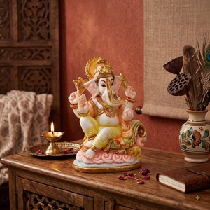 Statue du Dieu Ganesha en résine et poussière de marbre artisanale Nirmala |   Idole de dieu hindou traditionnelle artisanale |   Décoration de temple indien pour la maison - Product Image 6