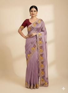 Indian Traditional Ethnic <b>Satin</b> Silk <b>Saree</b> with Embroidery and Zari Thread Work for Women Wedding Partywear Trendy Fancy Outfit - Product Image 5