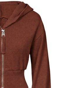 Womens Chocolate Brown <b>Cropped</b> <b>Zip</b> <b>Up</b> Hoodie Slim Fit Long Sleeve Casual Streetwear Cotton Fleece Sweatshirt Custom Logo ODM - Product Image 4